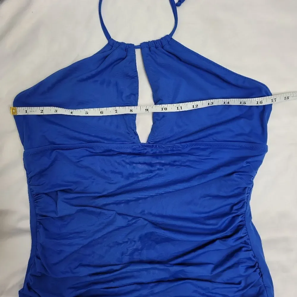 LOFT Beach blue cut out halter tie‎ top ruched side one piece swimsuit 16